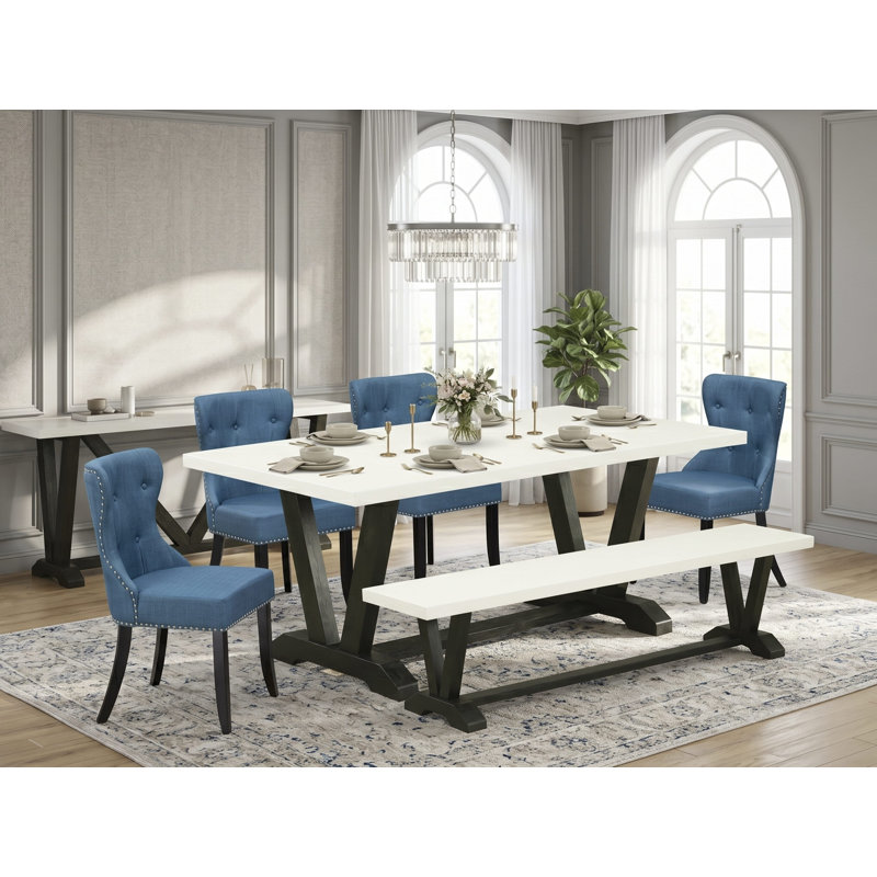 6 Piece Dining Set Contains a Rectangle Dining Room Table with V-Legs and 4 Blue Linen Fabric Upholstered Chairs with a Bench, 36x60 Inch, Multi-Color