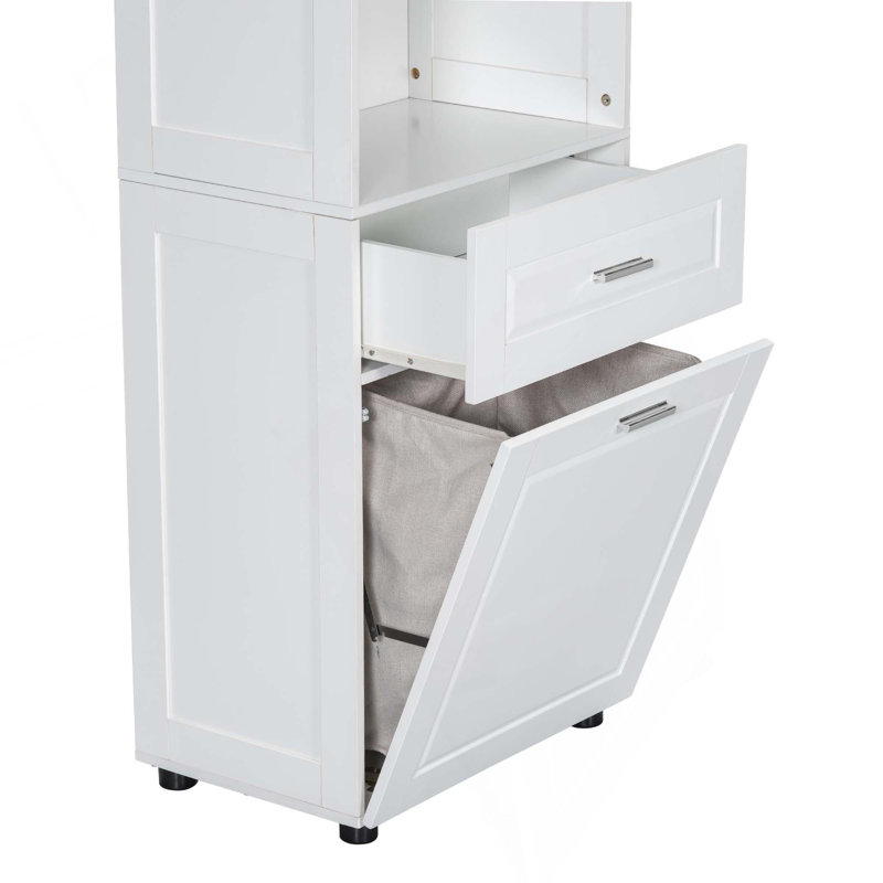 Grande armoire de salle de bain avec panier à linge, grand panier à linge inclinable et armoire de rangement supérieure