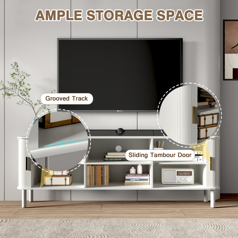 Modern White TV Stand with Sliding Doors & Open Storage Shelves