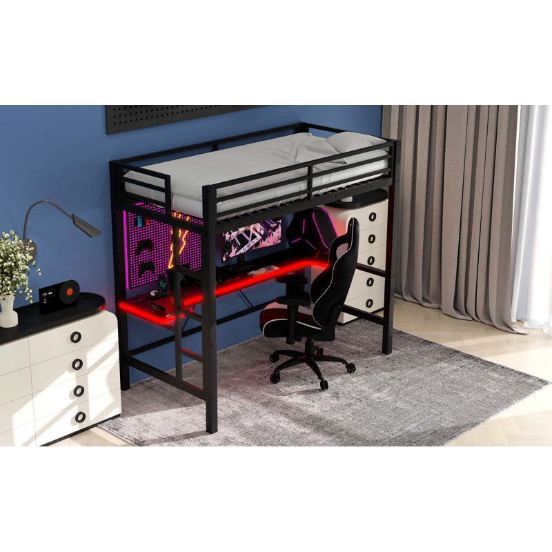 Base de lit mezzanine en métal avec lumière DEL, station de charge USB et bureau Gaming, Lit simple, Noir