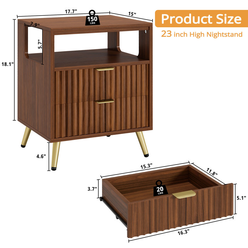 Mid-Century Modern 2-Drawer 23" Tall Nightstand with Open Cubby, Fluted Cute Bedside Table with Open Shelf, Storage End Table For Bedroom, Living Room, Sofa and Office