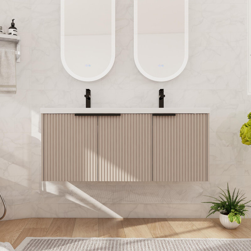 Ensemble de meuble-lavabo flottant double 48 po, meuble-lavabo mural avec lavabo en résine, 3 portes, Kaki