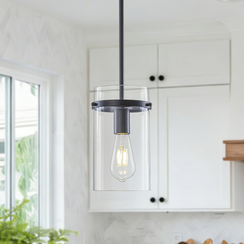 Luminaire suspendu cylindrique en verre transparent 5,5 po pour îlot de cuisine 1 lumière Cylon, Noir mat