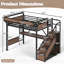 Lit mezzanine double en métal pleine grandeur avec bureau intégré et prise de courant, bande DEL, cadre de lit mezzanine en métal avec paniers de rangement perforés et en filet, escalier de rangement avec garde-robe, noir-132252527