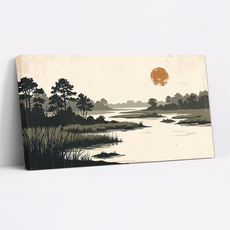 Art texturé sur toile, "Marais de rivière texturé" avec soleil orange, L 32 po x H 16 po