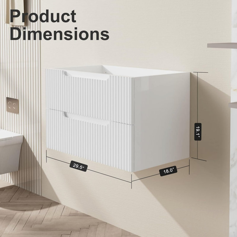 Floating Bathroom Cabinet, Wall-Mounted Cabinet For Bathroom, White, 19" H x 29.53" W x 18" D