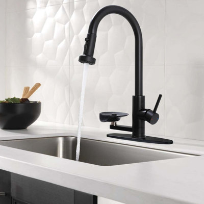 Robinet de cuisine 3 en 1 noir mat avec pulvérisateur rétractable, rinçage à pression, 3 modes de jet et bec à grand arc