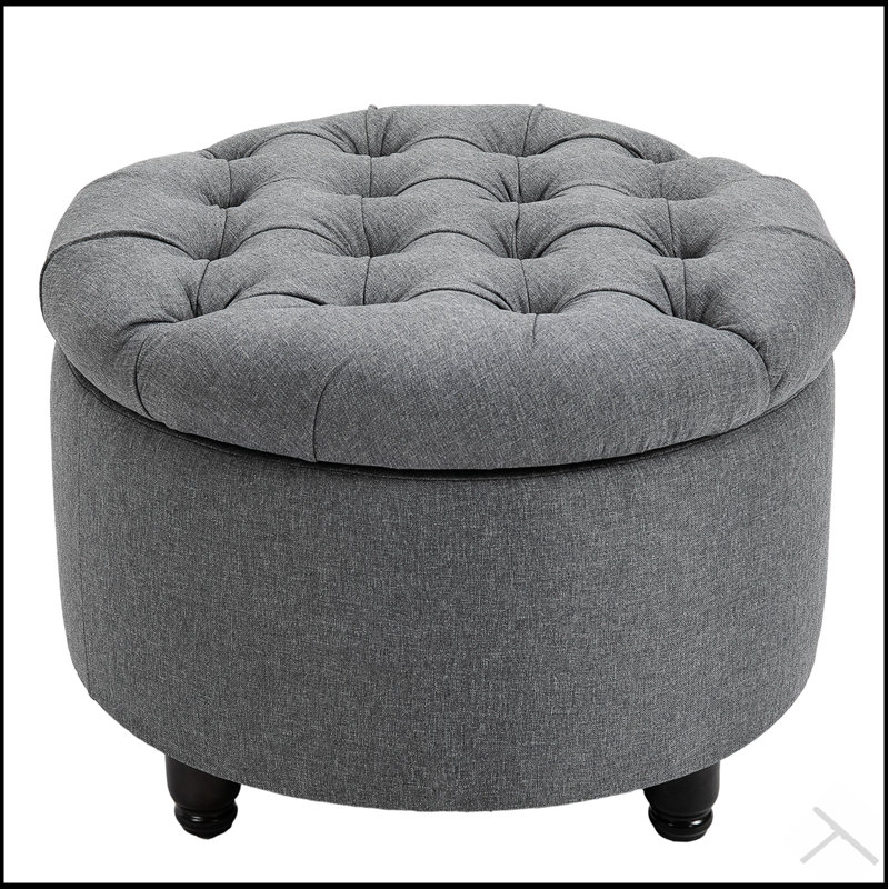 Round Linen-touch Fabric Storage Footstool Ottoman with Button Tufted Design and Removable Lid, Grey