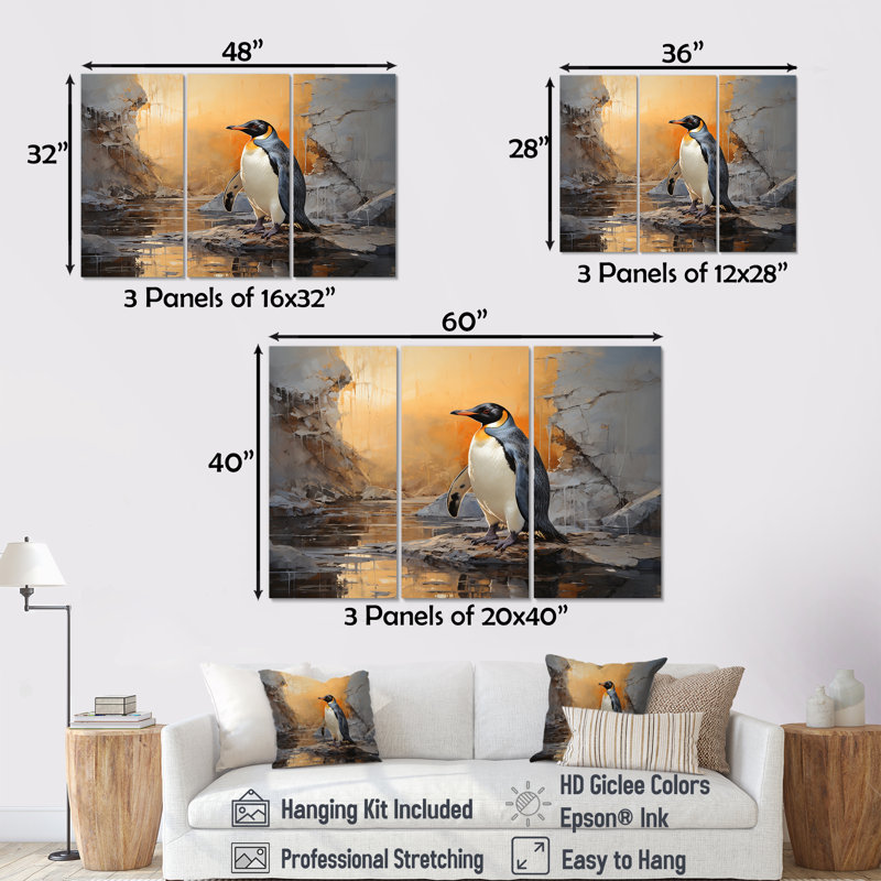 «Penguin Elegance In Snow» - Ensemble de décoration murale pingouin, H 32 po x l 48 po