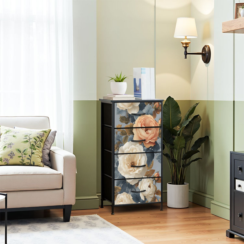 Commode pour commode de chambre à coucher pour commode sans couture Roses de jardin et commodes de rangement en tissu avec 4 tiroirs
