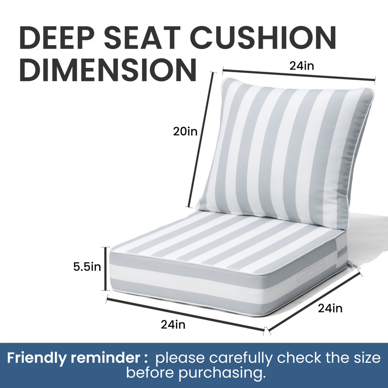 24'' W X 24'' D X 5.5'' H Outdoor Deep Seating Cushions, 2, Gray/White Stripe