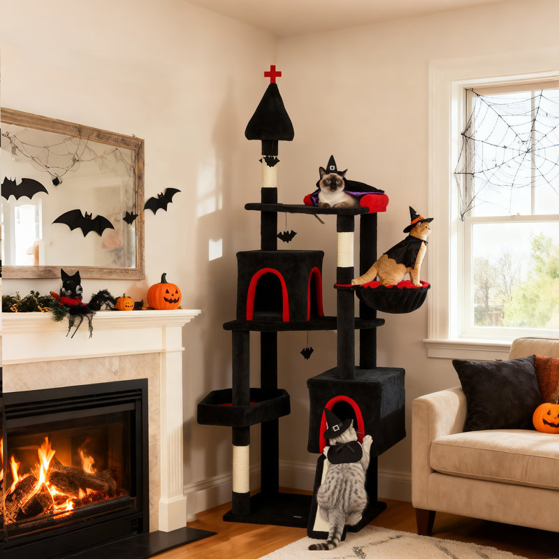 Arbre à chat gothique noir d'Halloween pour chats d'intérieur, tour à plusieurs niveaux avec 2 niches, poteaux à griffer en sisal, balles en forme de chauve-souris, hamac en peluche et rampe d'accès