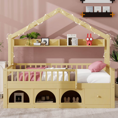 Lit en bois Montessori avec toit, lumière DEL, garde-corps, tiroirs de rangement et casier en bois