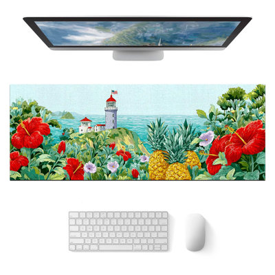 Tapis de souris de jeu à motif phare côtier et fleurs tropicales, grand tapis de clavier en diatomite lisse, format XL (30 x 70 cm), idéal pour la maison et le bureau. Tasse blanche offerte.