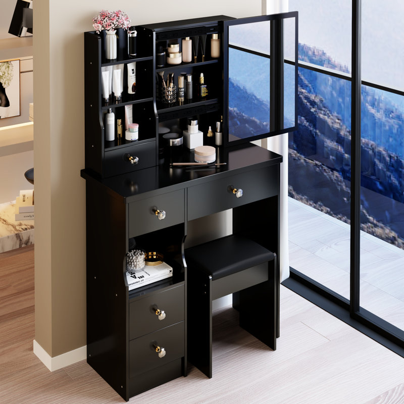 29.2" Long Vanity Table With Cushioned Stool, Extra Large Right Sliding Mirror, Multi - Layer Storage, American Design Black For Small Bedrooms