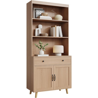 72.4" Tall Bookcase with Doors & Drawer, 6-Tier Storage Cabinet with Open Shelves, Freestanding Wood Display Shelf for Living Room, Home Office, Libra by Ophelia & Co.