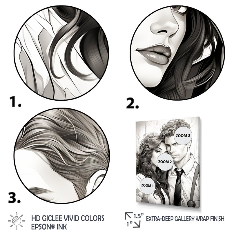 Couple Portrait Bd Illustration - Portrait romantique, art mural, Cadre simple noir, H 32 po x l 24 po x P 1 po