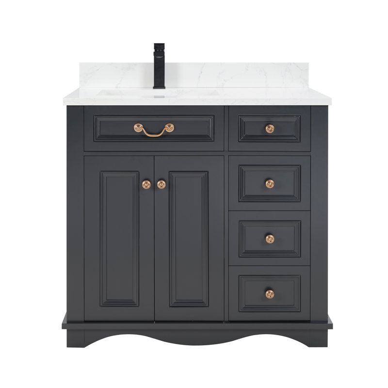 36" Solid Wood Sink Vanity  With 1' Artificial Stone Top, Tricorn Black
