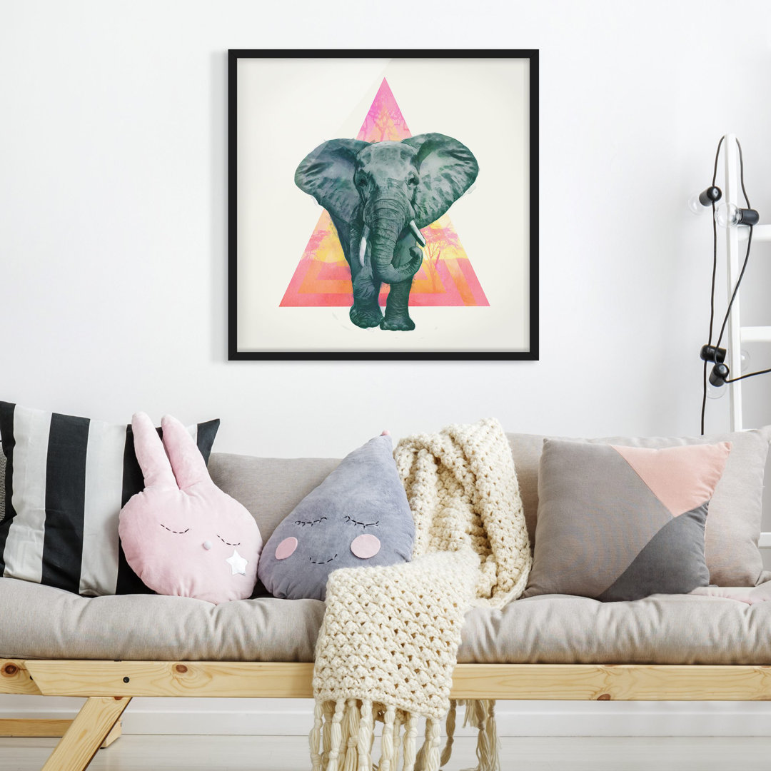 Gerahmtes Poster Illustration Elefant vor Dreieck