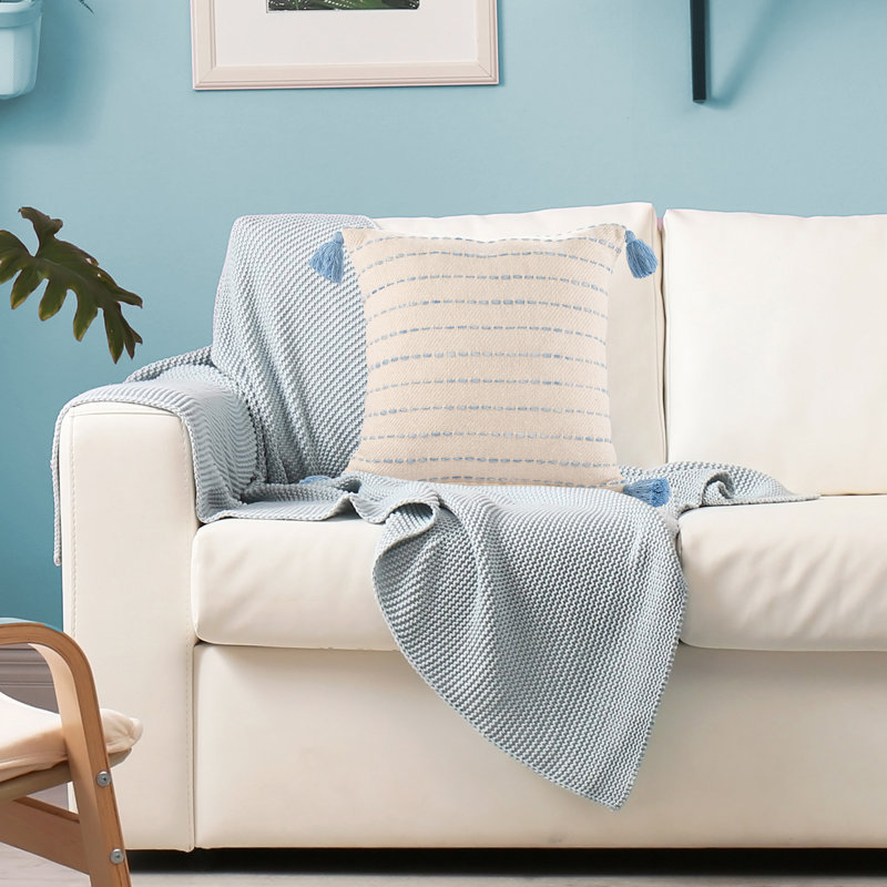 Hainsly Cotton Blend Throw Square Pillow Cover & Insert, Blue/Natural, Polyester