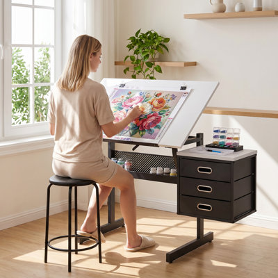 Wrought Studio™ 35" x 24" Adjustable Drafting Table Art Desk with 3 Drawers, Stool and Storage Shelf, Modern Craft Station  White EIN-16-I9 Series 