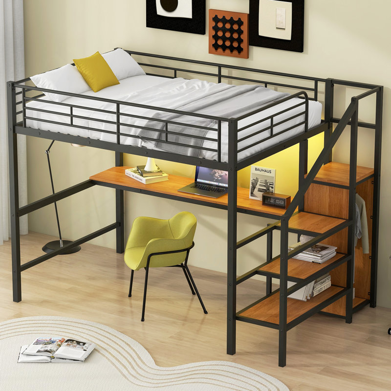 Lit mezzanine double en métal avec bureau, escalier de rangement, petite armoire et lumière DEL, Noir / brun