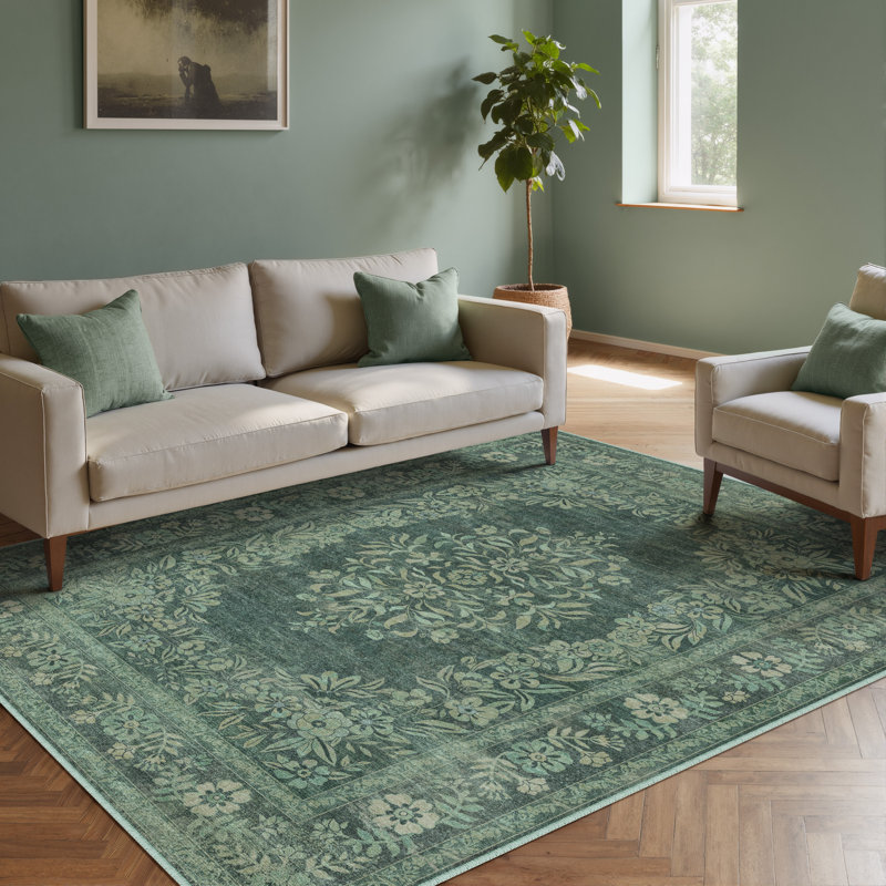 Tapis oriental lavable à la machine avec envers antidérapant Stella, Rectangle 5 pi x 7 pi, Green