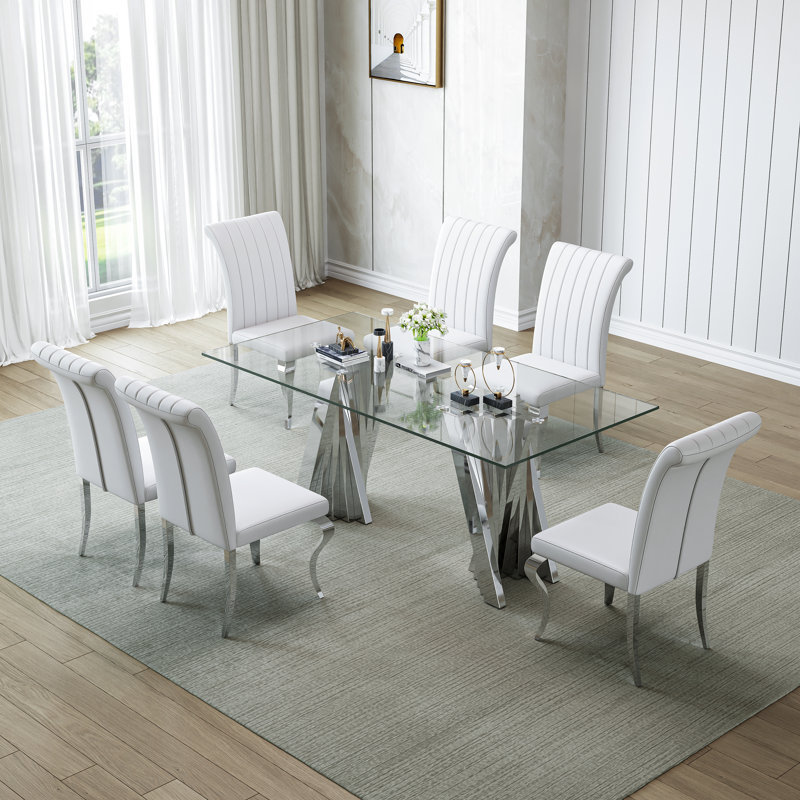 70" Modern Tempered Glass Dining Table Set With Sculptural Stainless Steel Base & Velvet Upholstered Chairs – Sleek Minimalist Design For Contemporary Dining Rooms