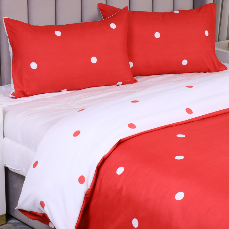 100% Microfiber Polka Dots Duvet Cover Set  With Pillow Cases, Double Duvet Cover Set + 2 Standard Pillowcases, Red/White