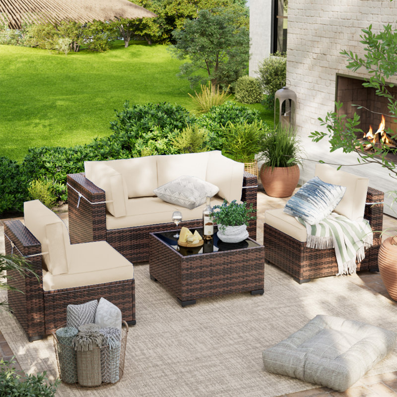Wicker 4 - Person Modular Patio Conversation Set with Cushions, Cream