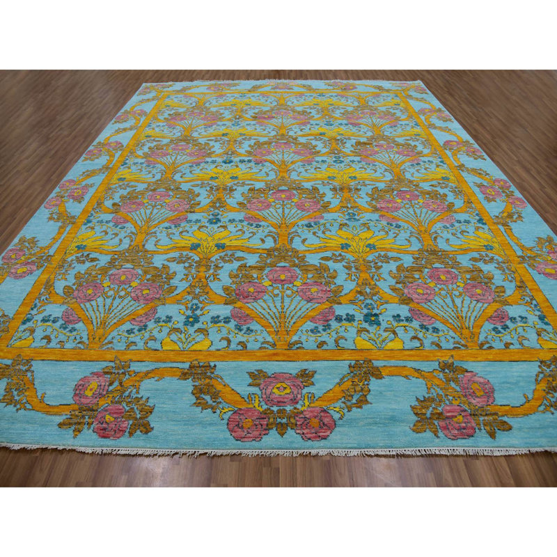 12'2" x 14'9" Powder Blue, Arts and Craft, 100% Wool, Hand Knotted Oversized Rug