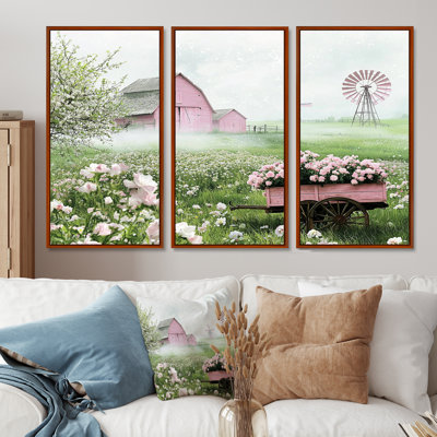 Paysage de ferme dans des tons de rose et de vert I - ensemble d'art mural de ferme