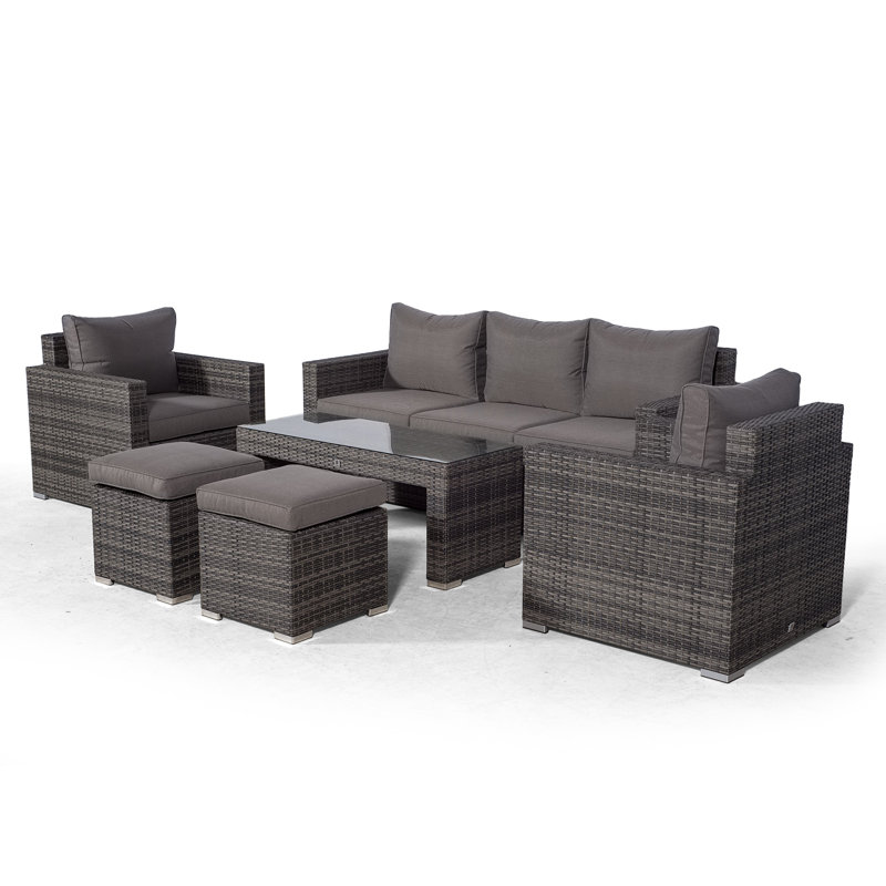 Villatoro Grey Rattan 3 Seat Sofa + 2 X Armchairs & 2 Stool Coffee Table, Outdoor Patio Garden Furniture