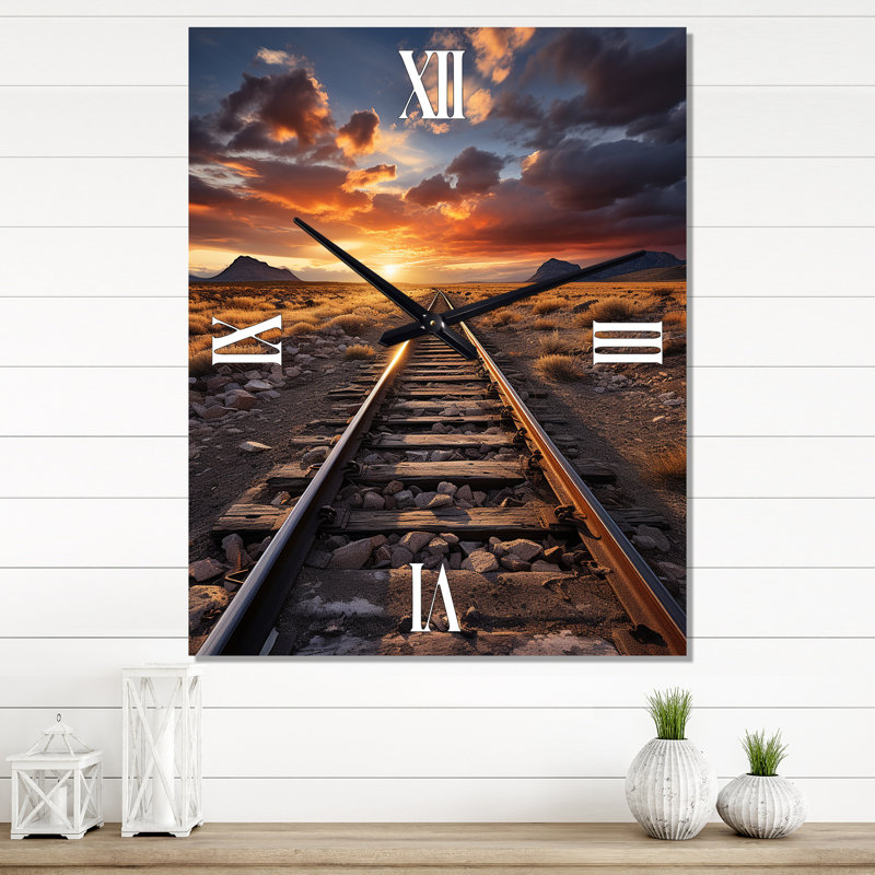 Railway Track In Sunset Landscape II - Train Modern Wall Clock, Extra Large