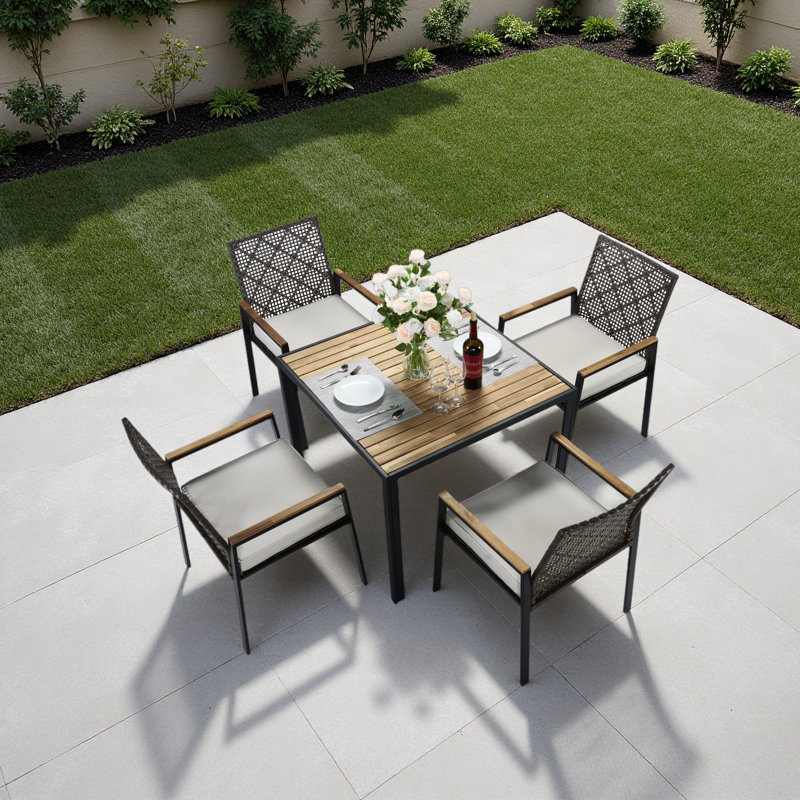 All Weather 5-Piece Patio Dining Table Sets, Patio Conversation Set Acacia Wood Table Top With Umbrella Hole, Brown