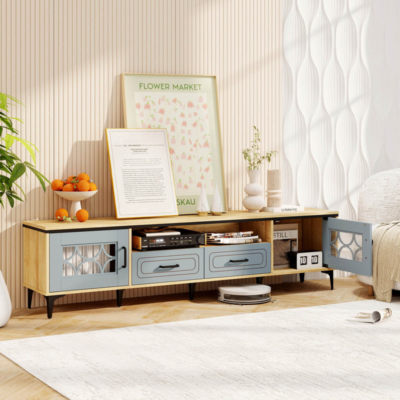 71" Tv Stand For Tvs Up To 80" With Open Compartment Side Cabinets & Drawers, Beige/Blue