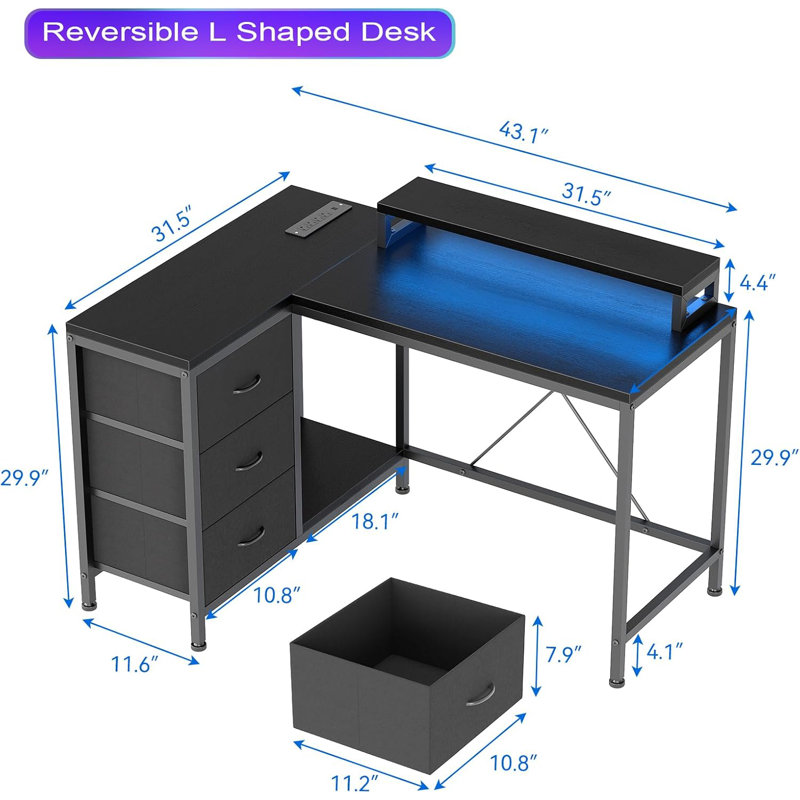 L Shaped Desk With Power Outlets & LED Lights, Computer Desk With Drawers & Shelves, Corner Desk Gaming Desk Home Office Desk, Oak