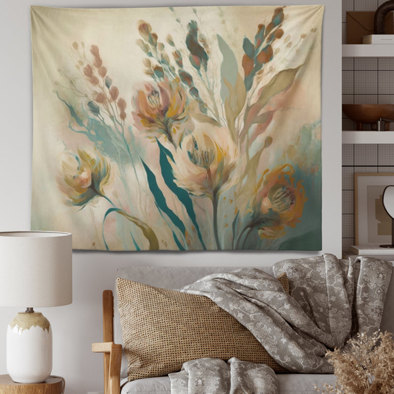 Fleurs sauvages dans des couleurs rétro délavées III - Tapisserie murale florale, H 32 po x l 39 po