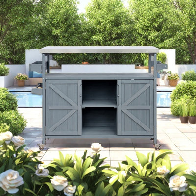 Îlot de cuisine roulant, chariot de bar et armoire de rangement avec plateau en acier inoxydable, support à épices, porte-serviettes pour la cuisine et le barbecue