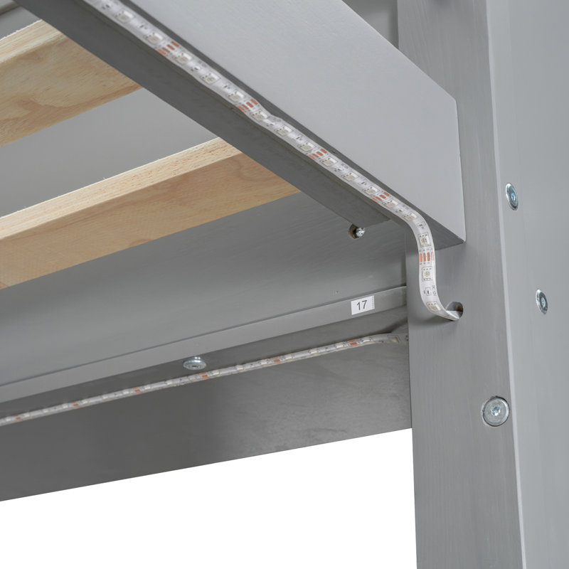 Lit mezzanine double en bois avec bureau, étagères à rangement multiples, DEL et portemanteau suspendu, Lit simple