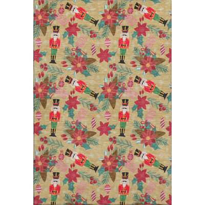 Premium Machine Washable Dockside AMF1822 Nutcracker and Poinsettia Rug