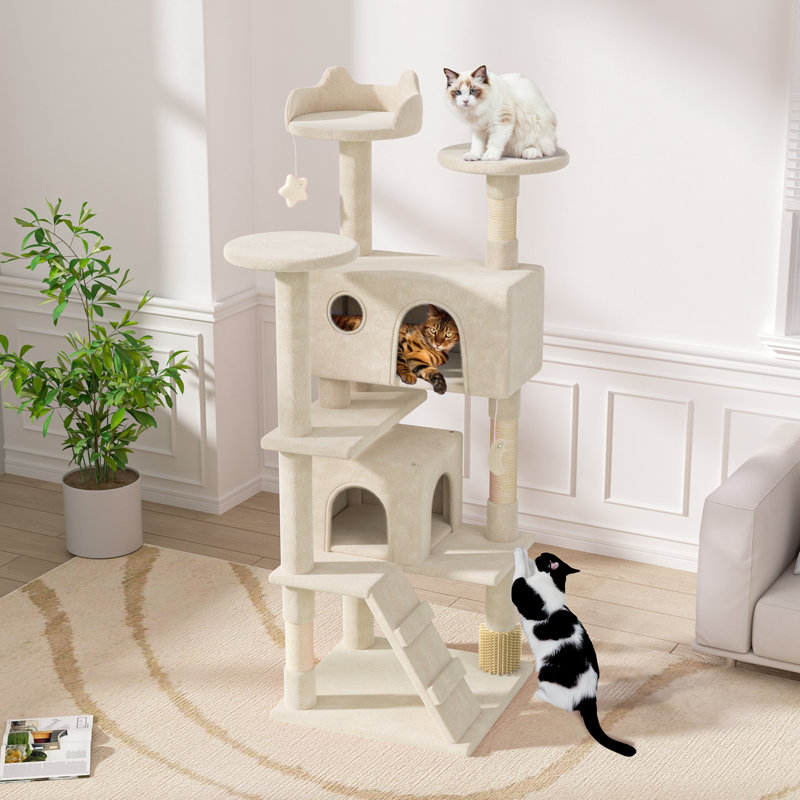 70" Cat Tree Tower With Scratching Posts, Multiple Cat Caves, Top Perch, And Play Features For Indoor Cats, Beige