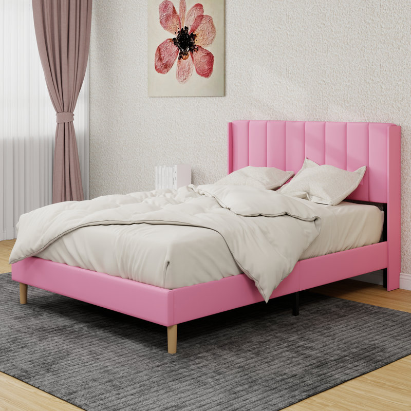Upholstered Platform Bed Frame, Full, Pink