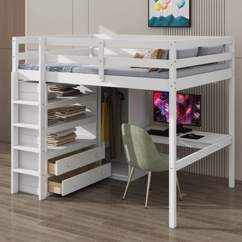 Lit mezzanine double en bois avec garde-robe intégrée, bureau, tablettes de rangement et tiroirs, Blanc