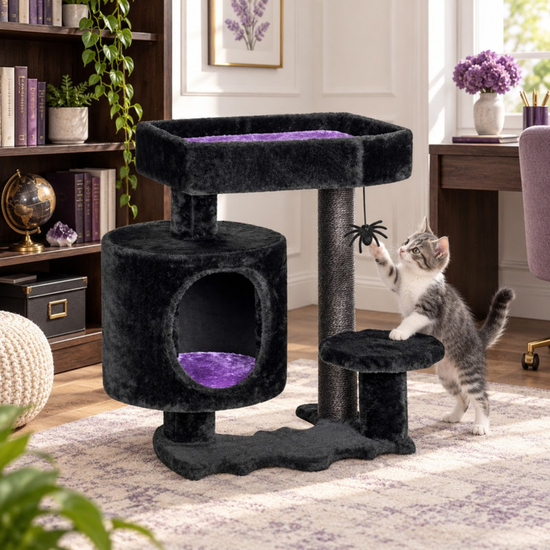 Arbre à chat gothique pour chats d'intérieur avec lit en forme de cercueil et poteaux en sisal
