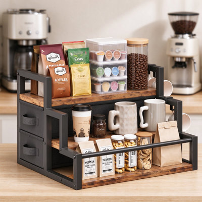 Coffee Syrup Organizer Rack with K Cup Drawer and Cup Hook, Tiered Coffee Bar Station for Syrup Bottles, Pods and Mugs, Countertop Storage Shelf for Kitchen and Office