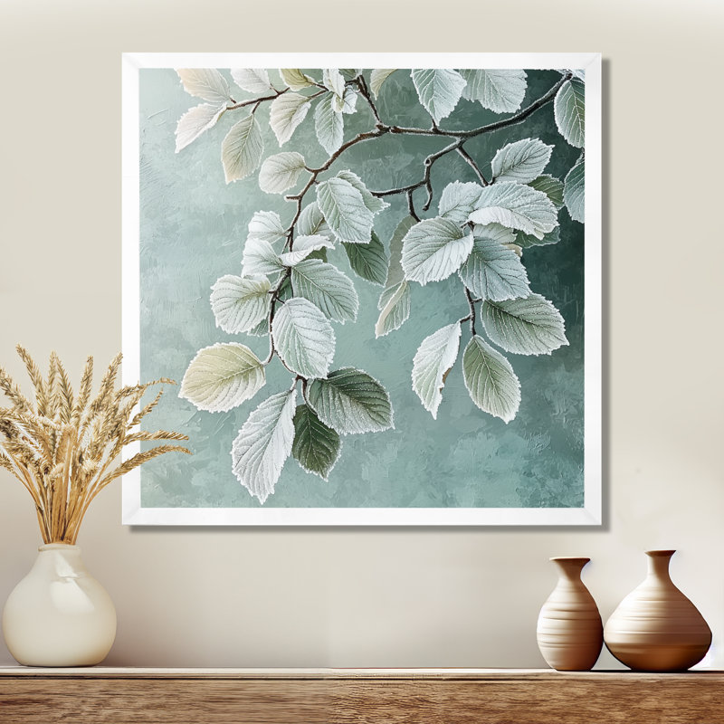Frosted Leaves I - feuilles, art mural, Reproduction encadrée d'une seule photo, H 16 po x l 16 po, Blanc