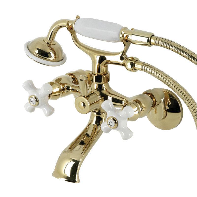 Kingston Brass Kingston Three-Handle 2-Hole Tub Wall Mount Clawfoot Tub Faucet with Hand Shower, Polished Brass
