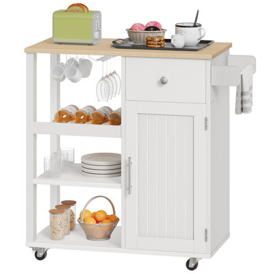 31.5*35.2*15.7 Kitchen Island Kitchen Cart With Three Shelves, One Drawer And One Cabinet, With Universal Pulleys, Equipped With Towel Rack And Side Hooks