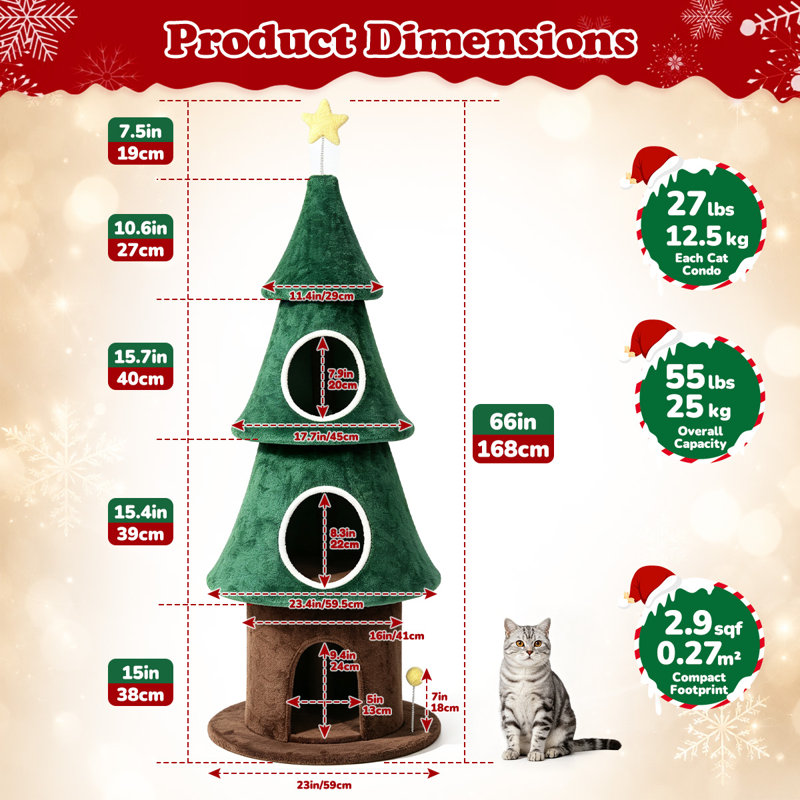 Arbre à chat de Noël de 168 cm avec 2 niches confortables, tour à chat d'intérieur moderne, système anti-basculement, poteaux à griffer recouverts de sisal, perchoirs moelleux et balles suspendues, arbre à chat festif idéal pour que les chatons puissent jouer et dormir.
